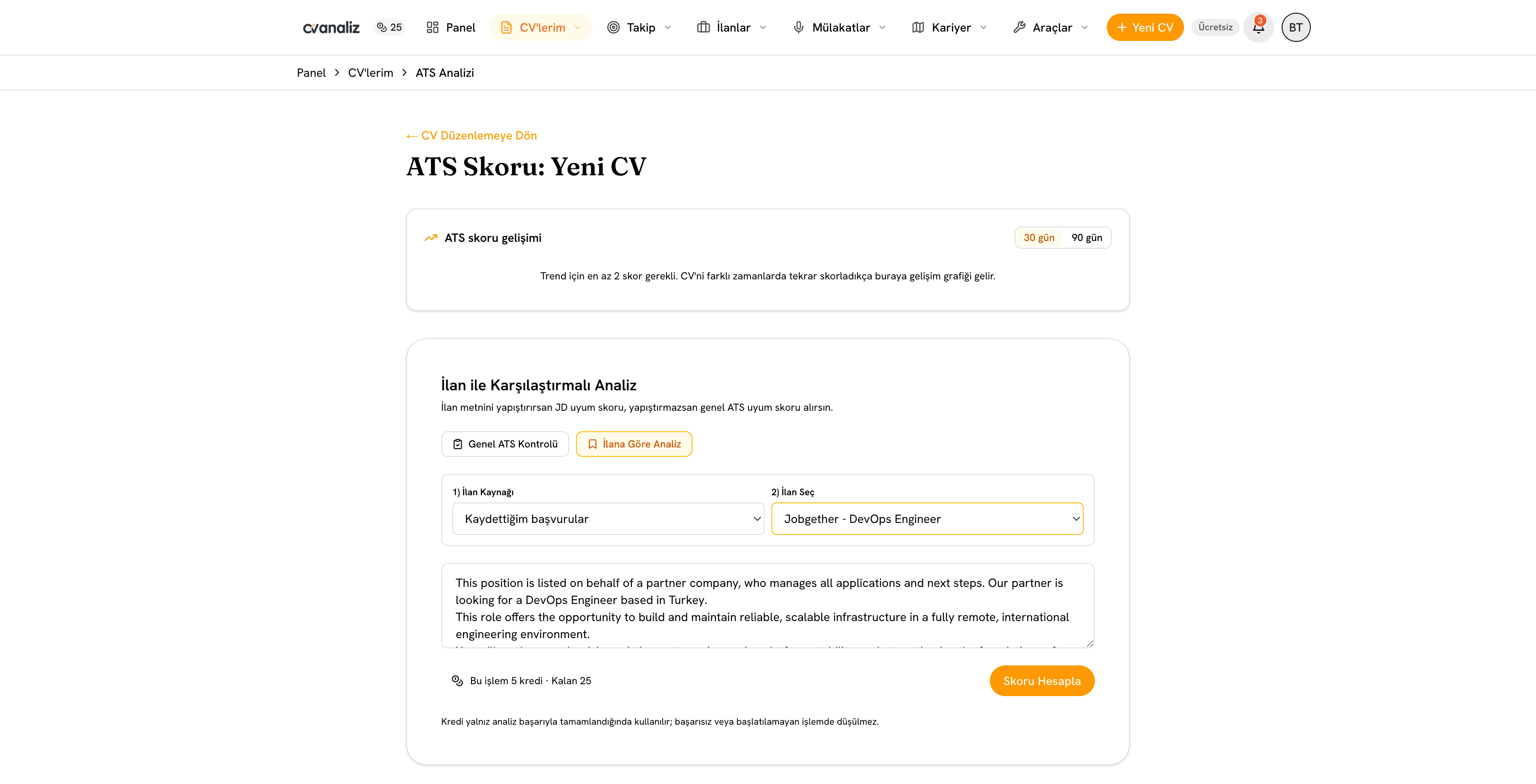 cvanaliz ATS CV skoru ve analiz sonuçları ekranı - genel görünüm