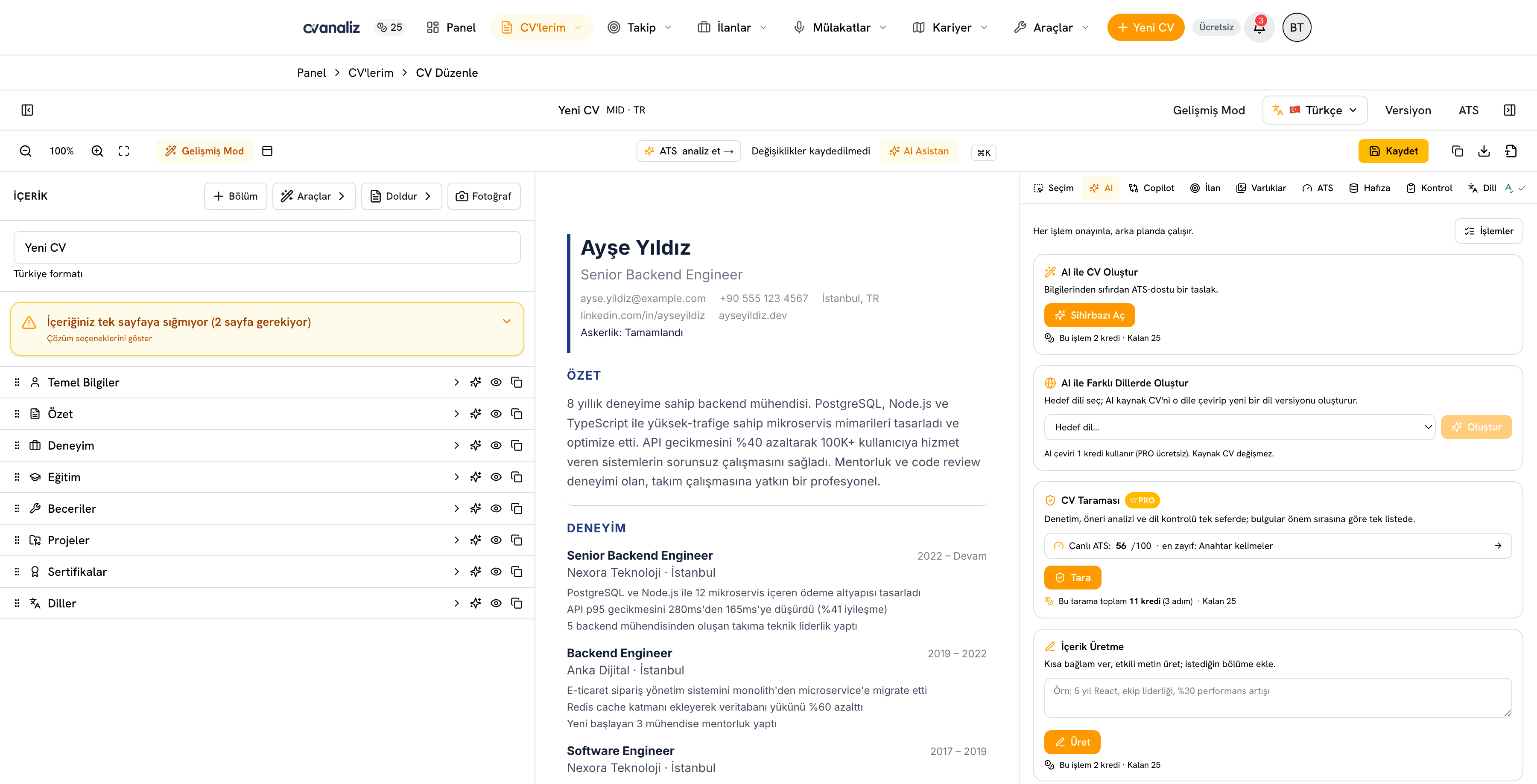 CV skorunu yükseltmeye yardımcı AI içerik önerileri - genel görünüm