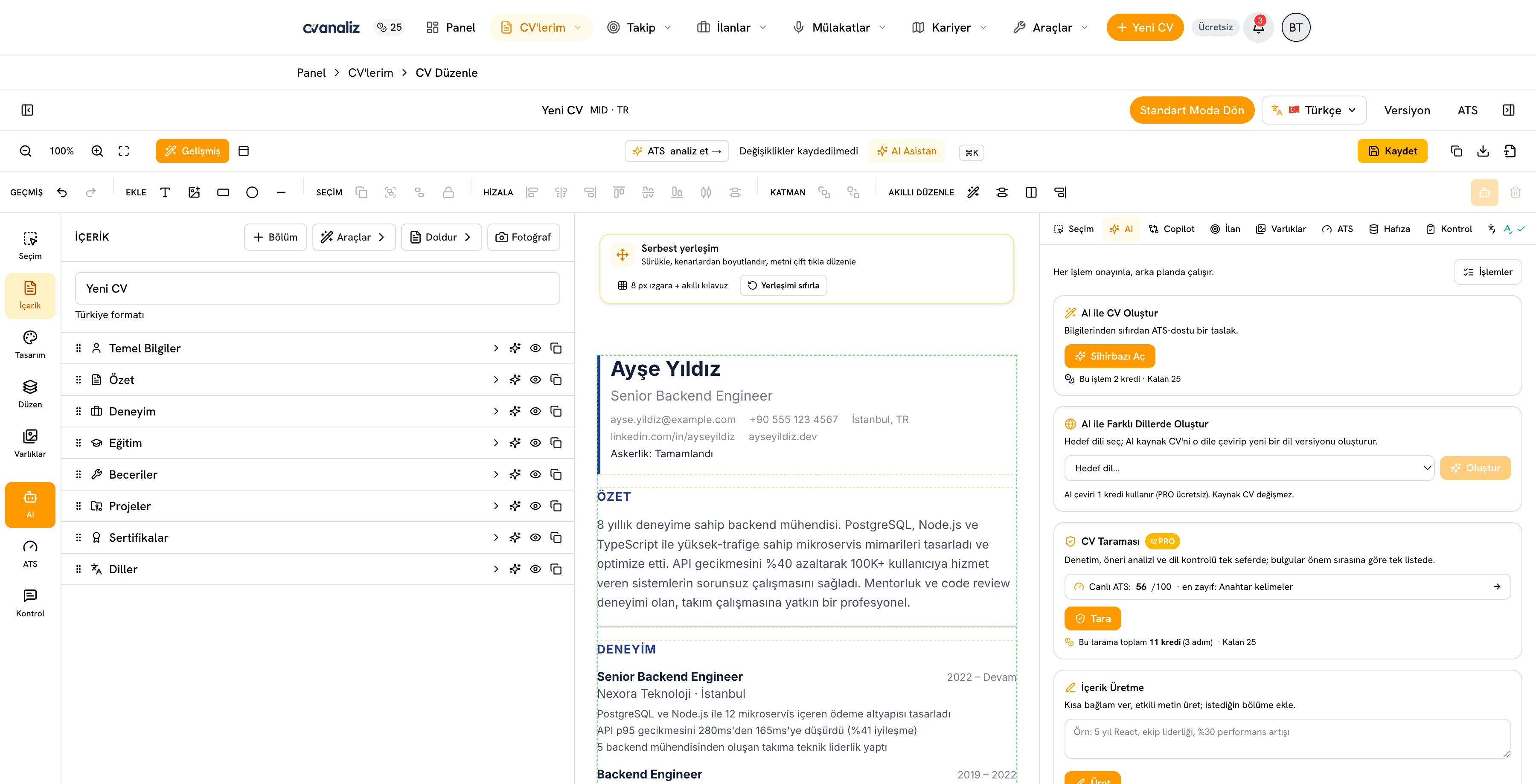 ATS uyumlu CV şablonunun düzenlendiği cvanaliz editörü - genel görünüm