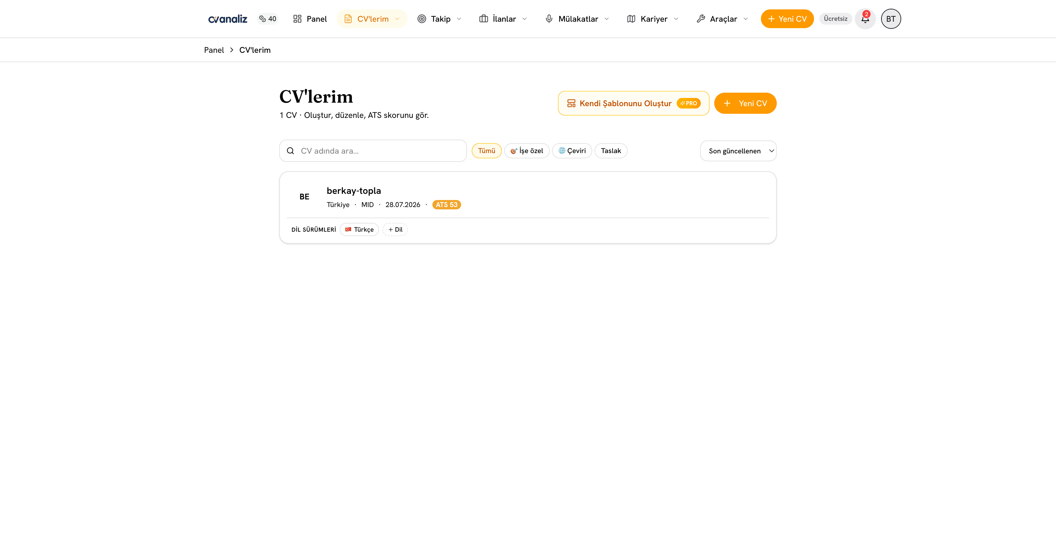 cvanaliz üzerinde kayıtlı özgeçmişler ve CV yönetimi - genel görünüm